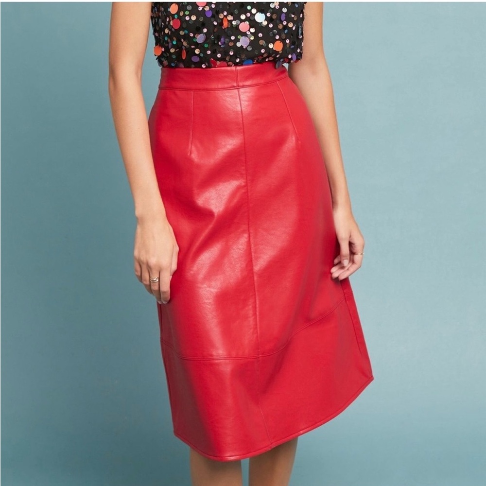 Eri + Ali Anthropologie Red Faux Leather A-Line Skirt